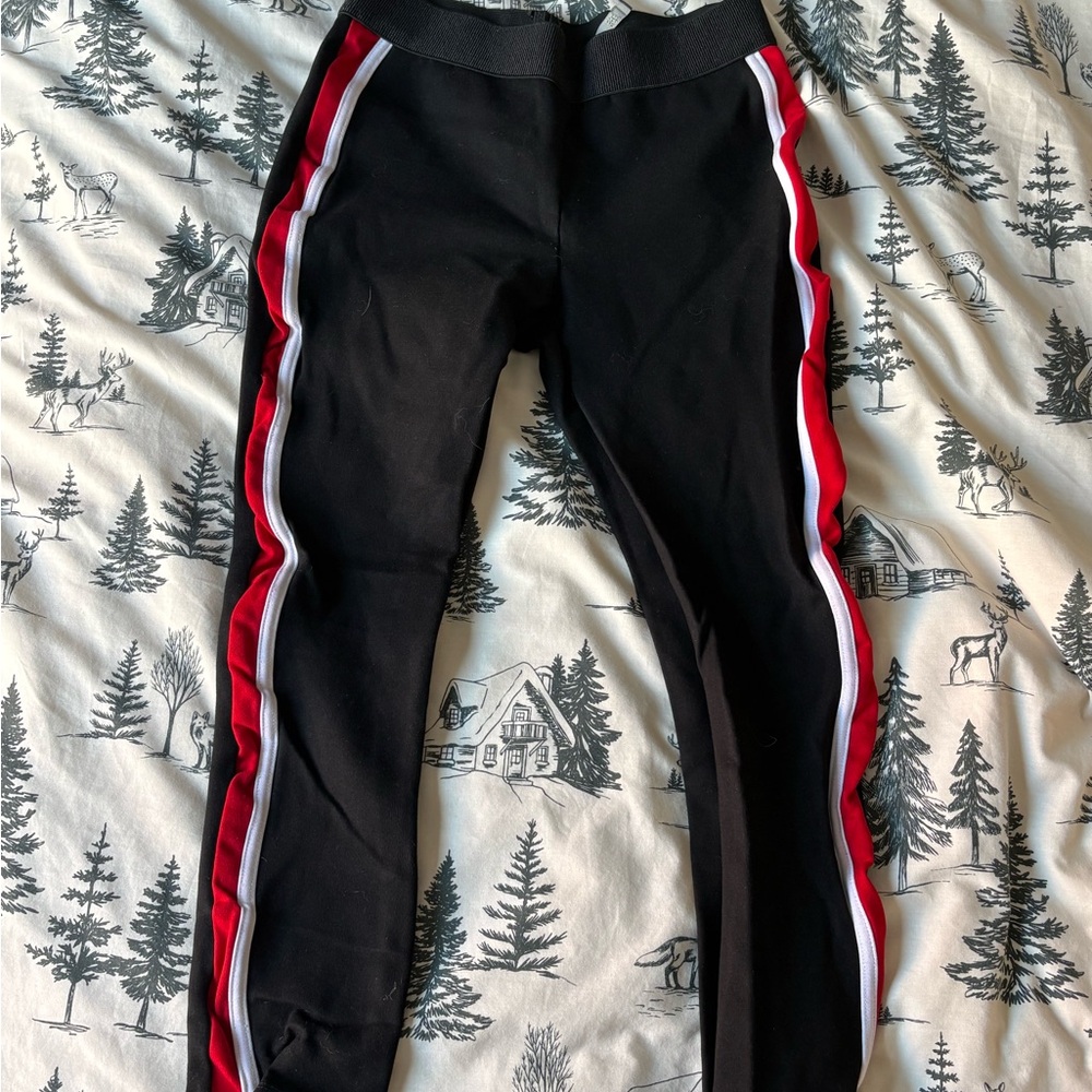 Black Leggings with Red & White Side Stripes